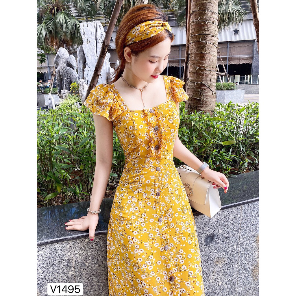 Đầm Váy Hoa Nhí Có Mút Ngực Hàng Nút Tay Phồng Sang Chảnh Thời Trang Nữ Đi Chơi, Dự Tiệc (kèm băng đô)