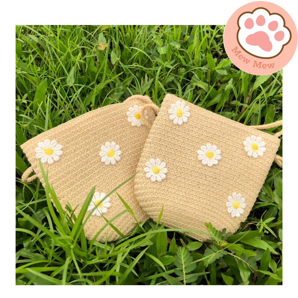 Túi cói mini đeo chéo họa tiết dễ thương đi biển, đi chơi phong cách vintage