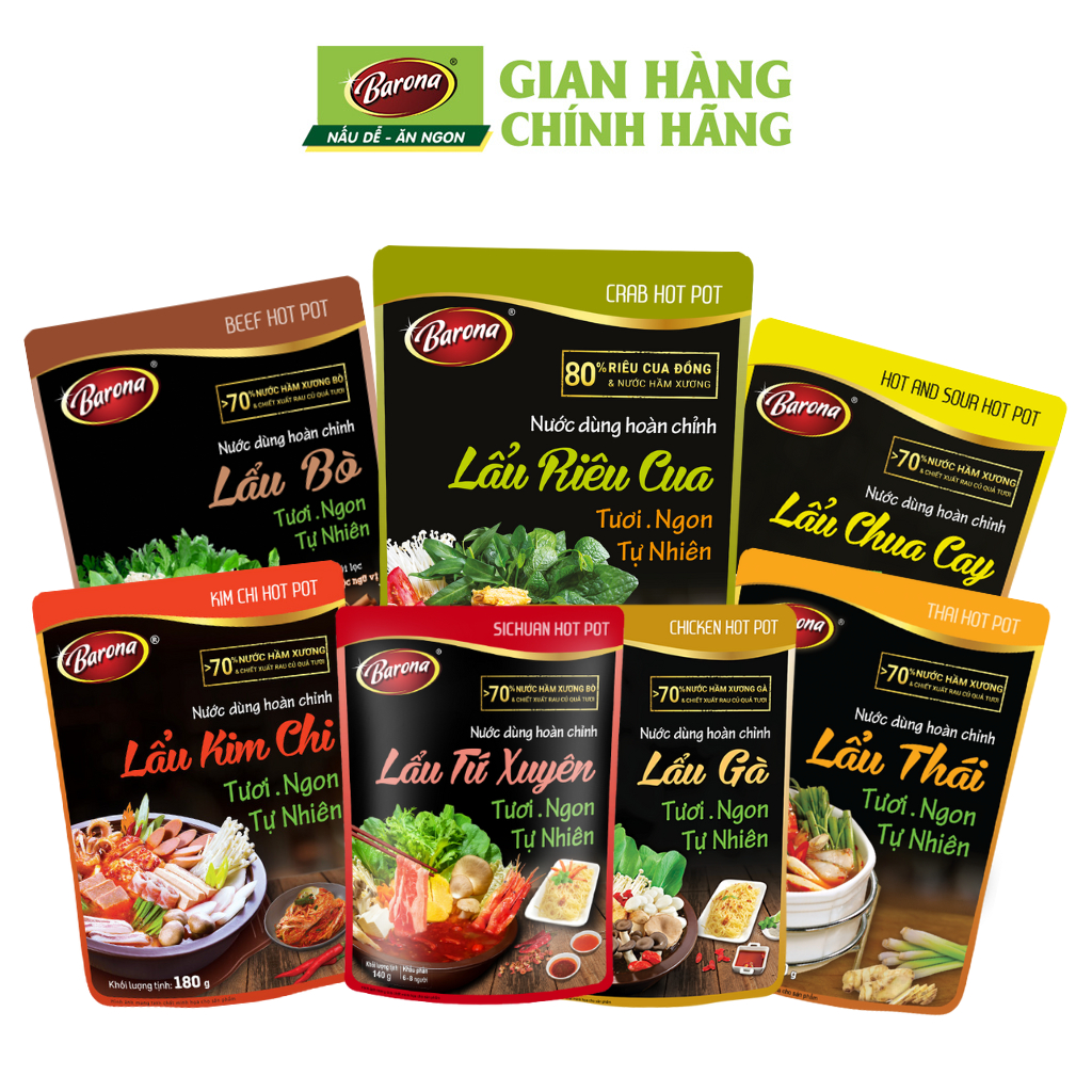 Nước dùng Lẩu Barona, 7 Loại Lẩu (Lẩu Thái, Lẩu Kim Chi, Lẩu Riêu Cua, Lẩu Chua Cay, Lẩu Bò, Lẩu Gà, Lẩu Tứ Xuyên)