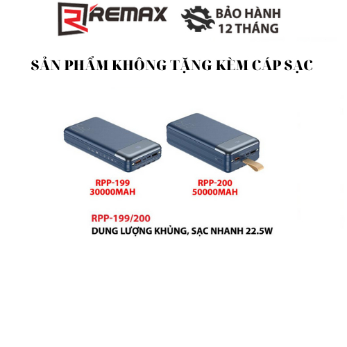 Pin dự phòng sạc nhanh Remax RPP-200 50000mAh hỗ trợ QC3.0 PD 20W tích hợp 04 cáp sạc vào, ra đa năng Max 22.5W