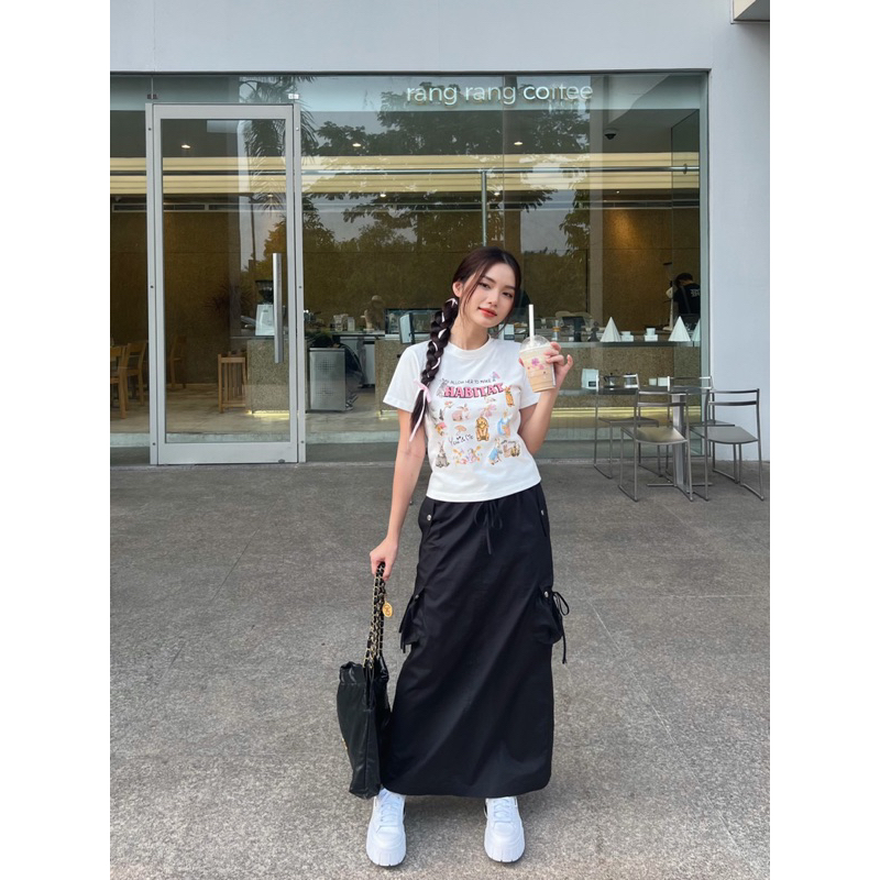 Chân váy dù dáng dài chữ A phối túi hộp lưng thun xẻ tà Sara Skirt - Siblinghouse