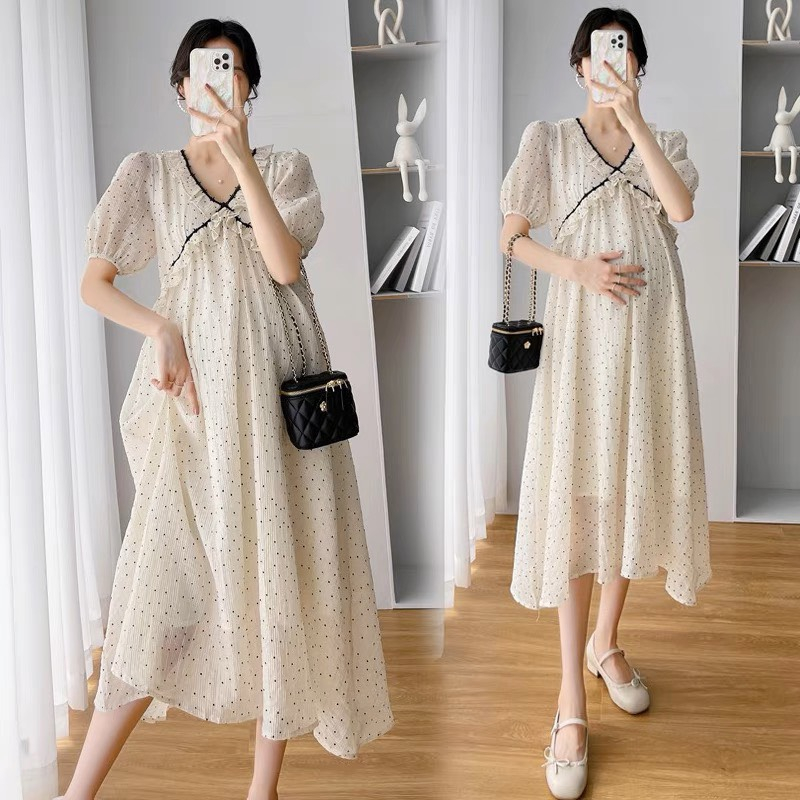 Váy Bầu thiết kế vải Voan 2 lớp, 3 màu Hồng, Be, Xanh thoáng mát,kiểu dáng đẹp, đi làm đi chơi đều phù hợp