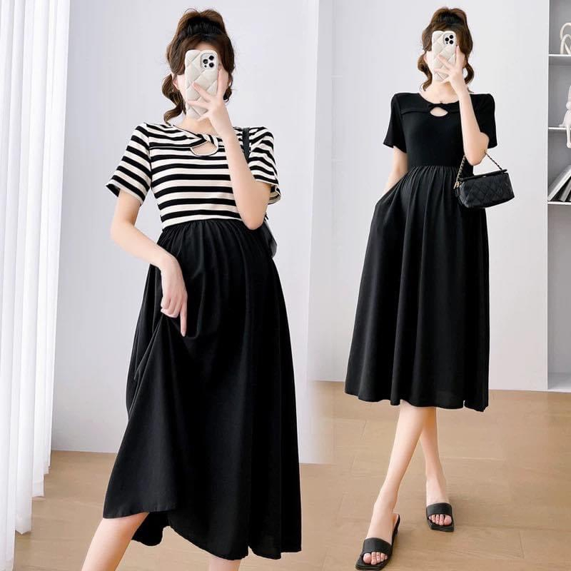 Váy Bầu Thiết kế kẻ trắng và đen sang chảnh,cổ xoắn, bầu bí mặc thoáng mát thoải mái trẻ trung xinh xắn