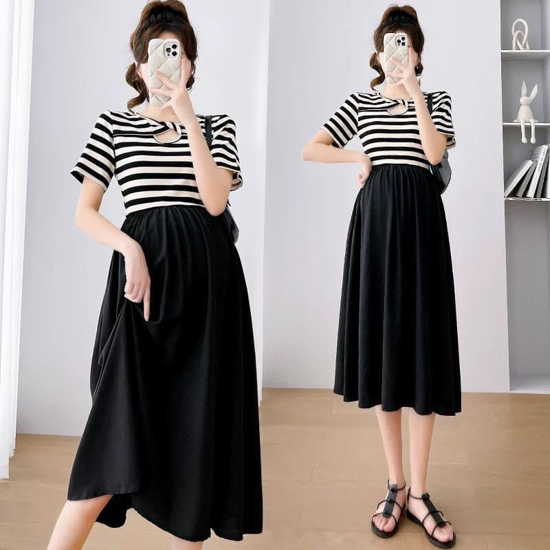 Váy Bầu Thiết kế kẻ trắng và đen sang chảnh,cổ xoắn, bầu bí mặc thoáng mát thoải mái trẻ trung xinh xắn