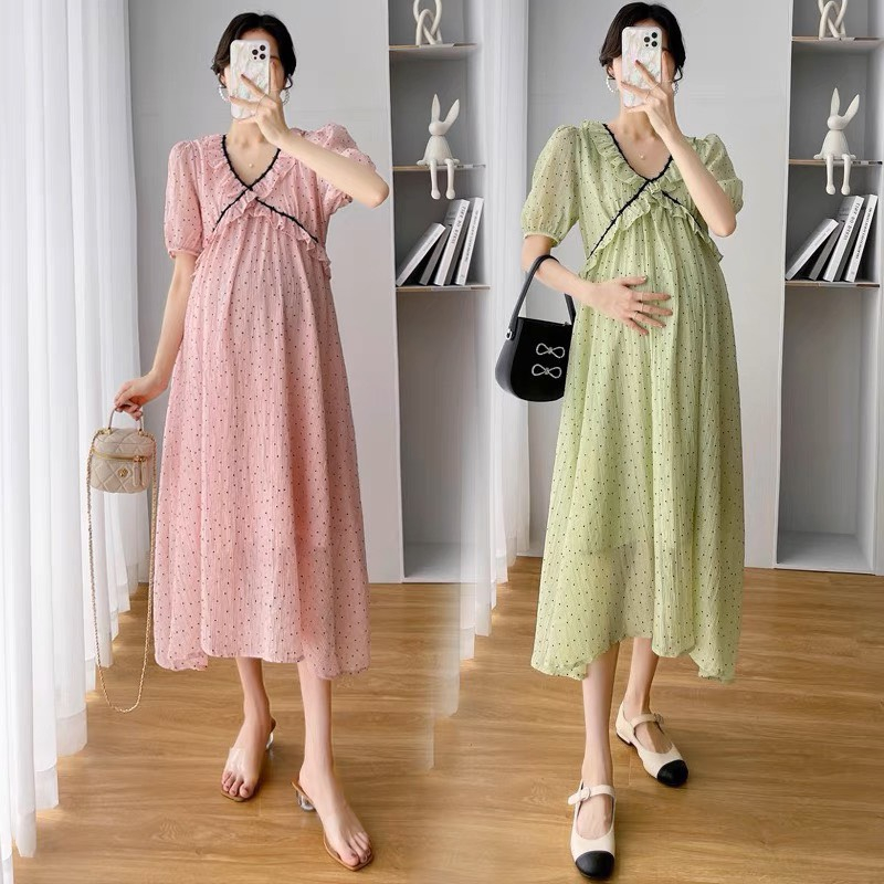 Váy Bầu thiết kế vải Voan 2 lớp, 3 màu Hồng, Be, Xanh thoáng mát,kiểu dáng đẹp, đi làm đi chơi đều phù hợp