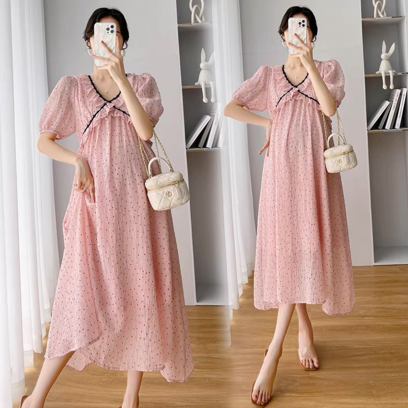 Váy Bầu thiết kế vải Voan 2 lớp, 3 màu Hồng, Be, Xanh thoáng mát,kiểu dáng đẹp, đi làm đi chơi đều phù hợp