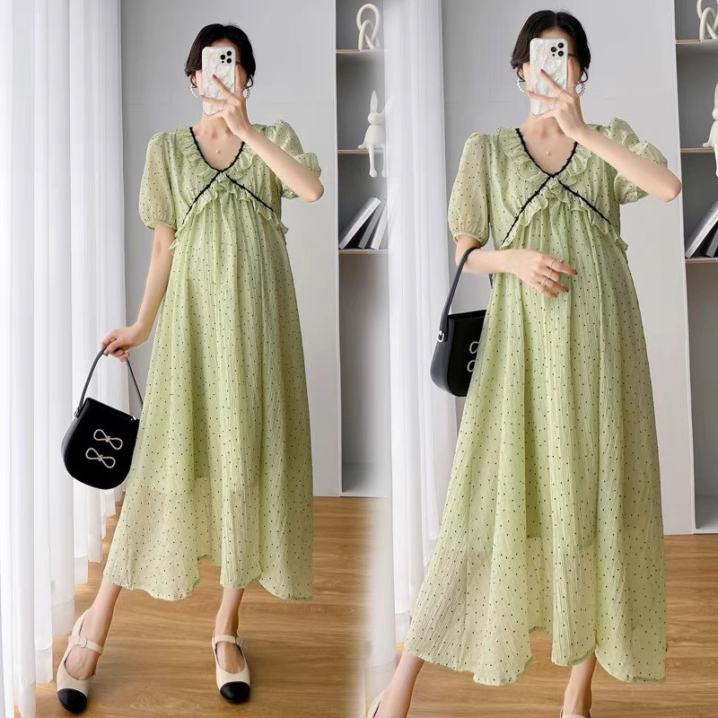 Váy Bầu thiết kế vải Voan 2 lớp, 3 màu Hồng, Be, Xanh thoáng mát,kiểu dáng đẹp, đi làm đi chơi đều phù hợp