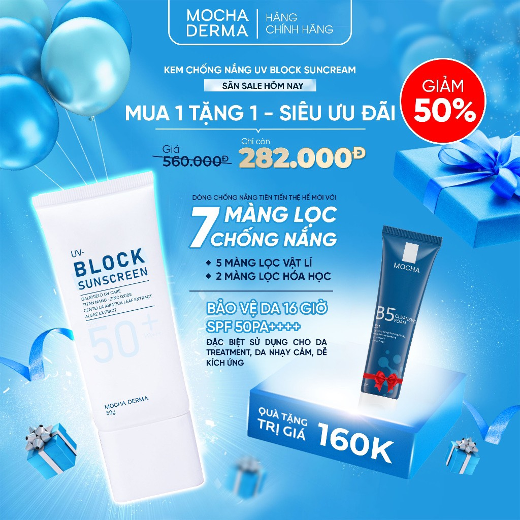 Kem chống nắng BlockSunscreeen Mocha Derma SPF 50 PA+,50g Nâng Tone, Bảo Vệ Da Khỏi Tia UVA & UVB 50g Mua 1 tặng 1