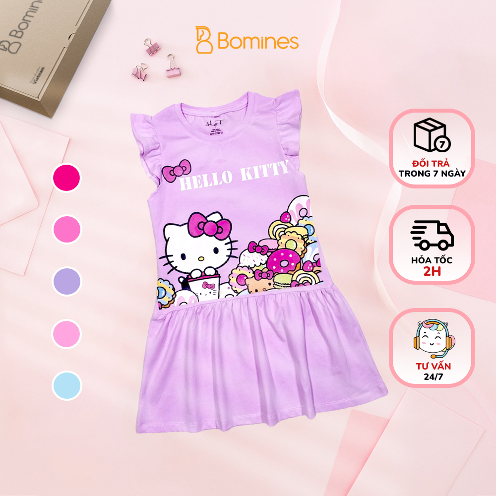Váy bé gái Hello Kitty BOMINES tay cánh tiên thun co giãn 4 chiều cho bé gái 3- 12 tuổi, 12- 36kg DTNKITTYDONUT