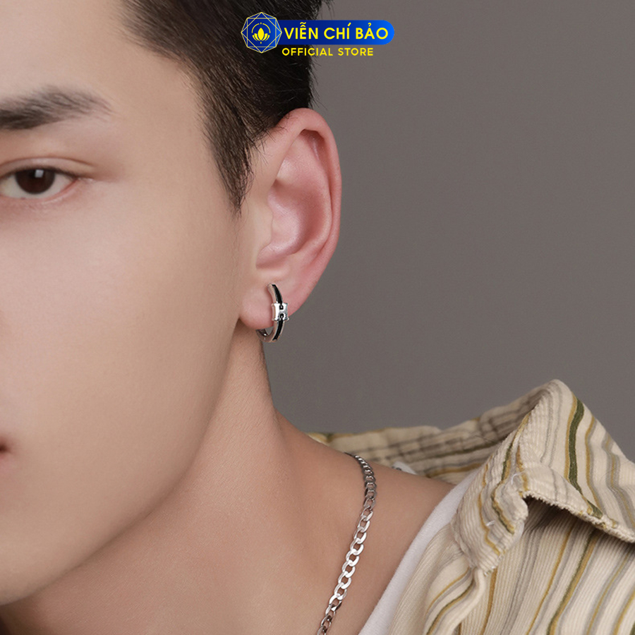 Bông tai bạc nam chữ H viền đen (1 chiếc) chất liệu bạc 925 thời trang phụ kiện trang sức Viễn Chí Bảo B100203