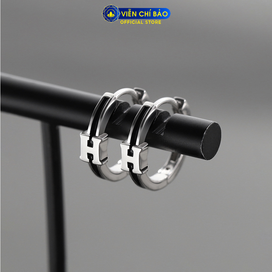 Bông tai bạc nam chữ H viền đen (1 chiếc) chất liệu bạc 925 thời trang phụ kiện trang sức Viễn Chí Bảo B100203