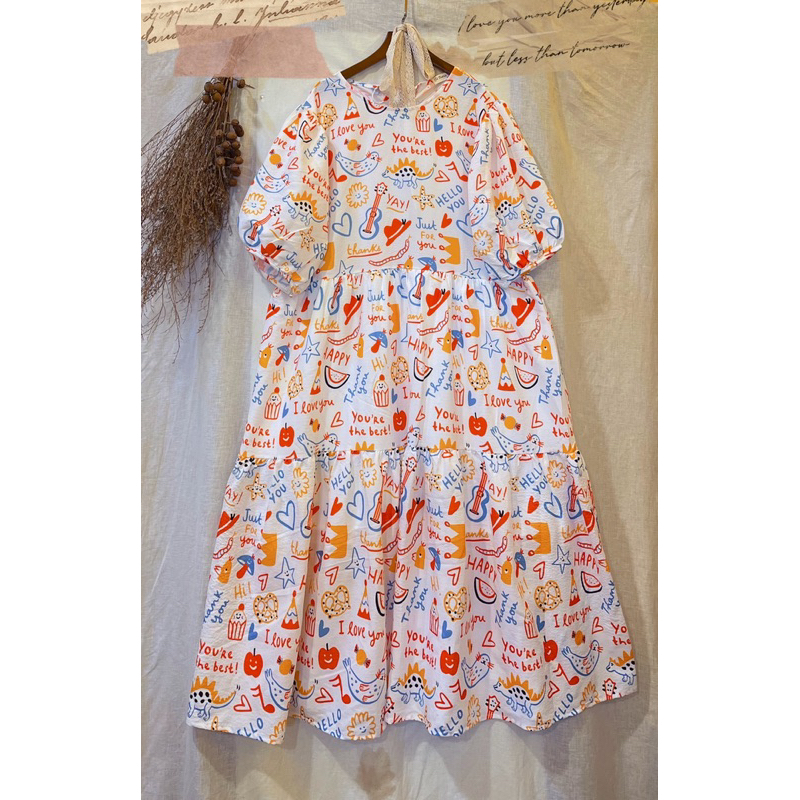 Đầm Gà vintage Hoạ tiết biển hè Maxi tầng Babydoll