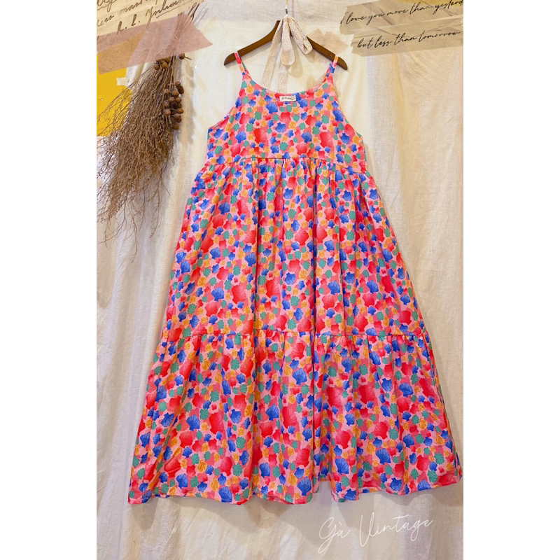 Đầm dây Babydoll Gà Vintage xoè tầng hoạ tiết đi biển