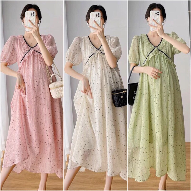 Váy Bầu thiết kế vải Voan 2 lớp, 3 màu Hồng, Be, Xanh thoáng mát,kiểu dáng đẹp, đi làm đi chơi đều phù hợp