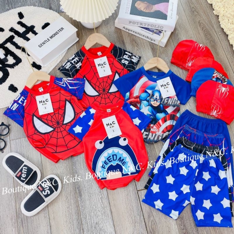 Set Bộ bơi siêu nhân cho bé trai kèm mũ size 6-18kg