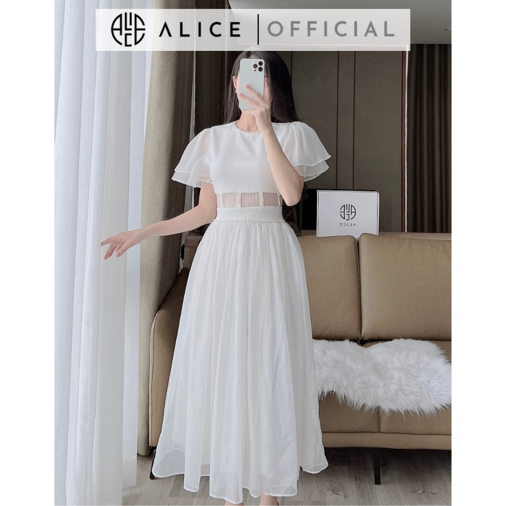 Váy Tiểu Thư Cổ Tròn Đính Ngọc ALICE Chất Liệu Tafta Phối Tơ Óng Mềm Mại Phong Cách Thanh Lịch Nữ Tính V921