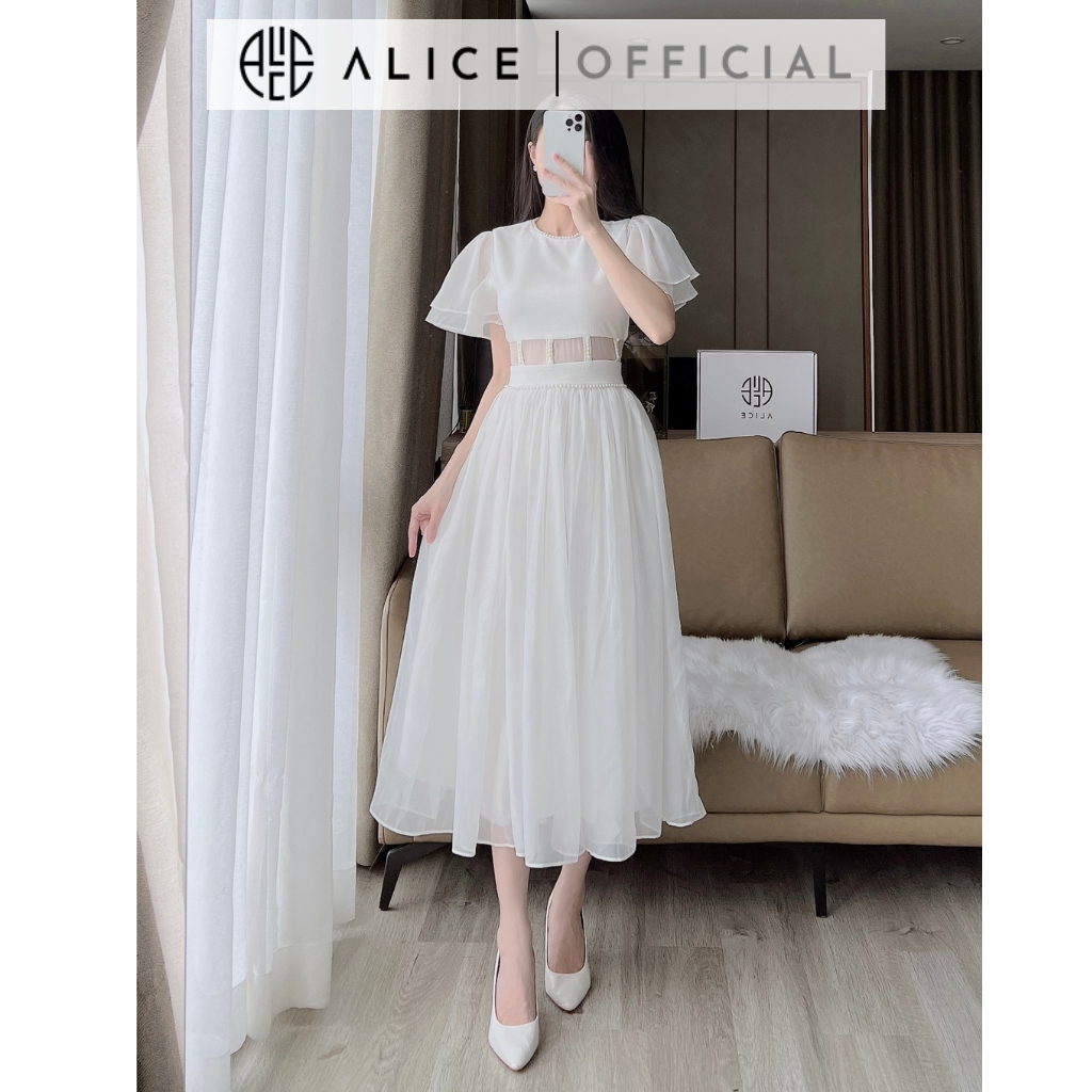 Váy Tiểu Thư Cổ Tròn Đính Ngọc ALICE Chất Liệu Tafta Phối Tơ Óng Mềm Mại Phong Cách Thanh Lịch Nữ Tính V921