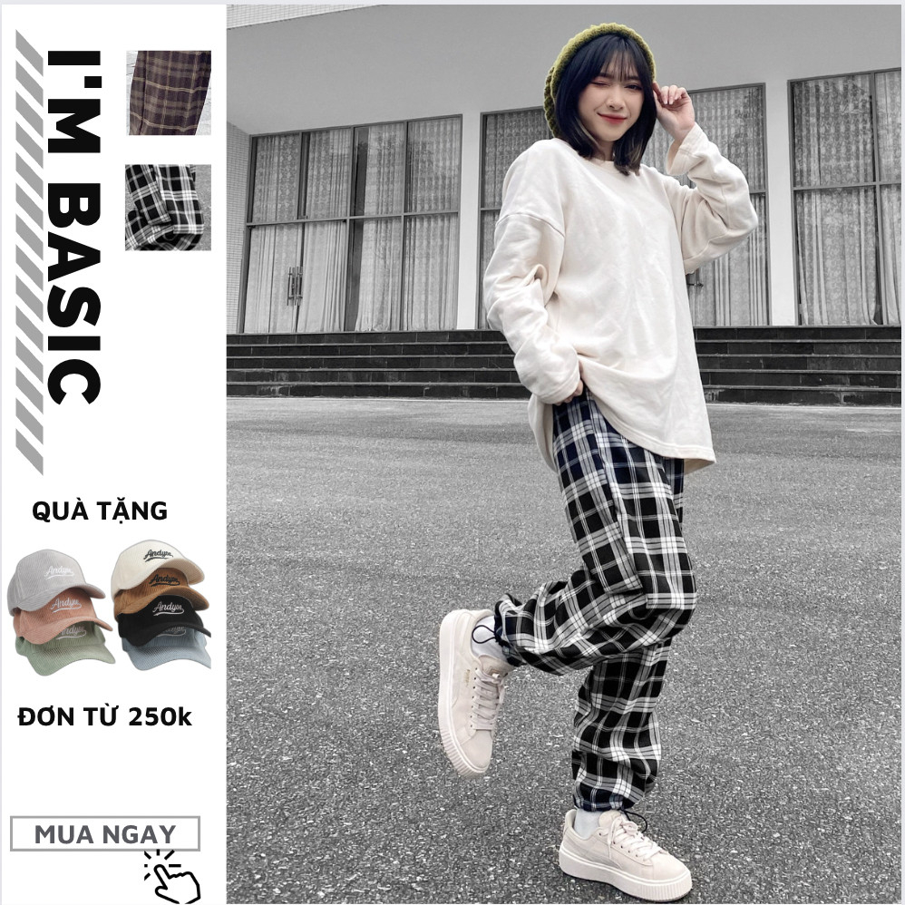 Quần Kẻ Caro Ống Rộng Dây Rút Cạp Chun Jogger Nam Nữ Vải Cotton Thể Thao Unisex Basic Outfit QDC01