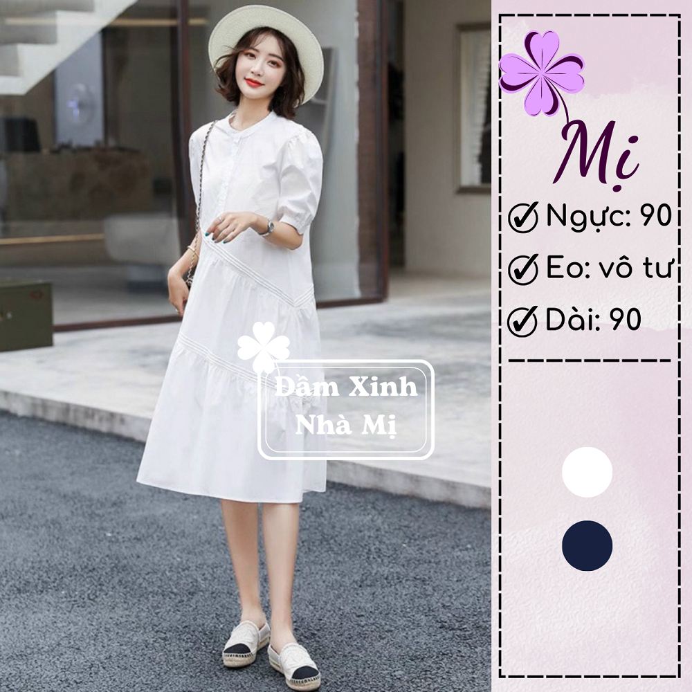 Đầm Nữ Cổ Trụ Cài Nút Tay Ngắn Xếp Li Xéo Basic Tao Nhã, Đầm Nữ Đi Du Lịch Midi Dáng Xòe Đơn Giản Màu Xanh Trắng
