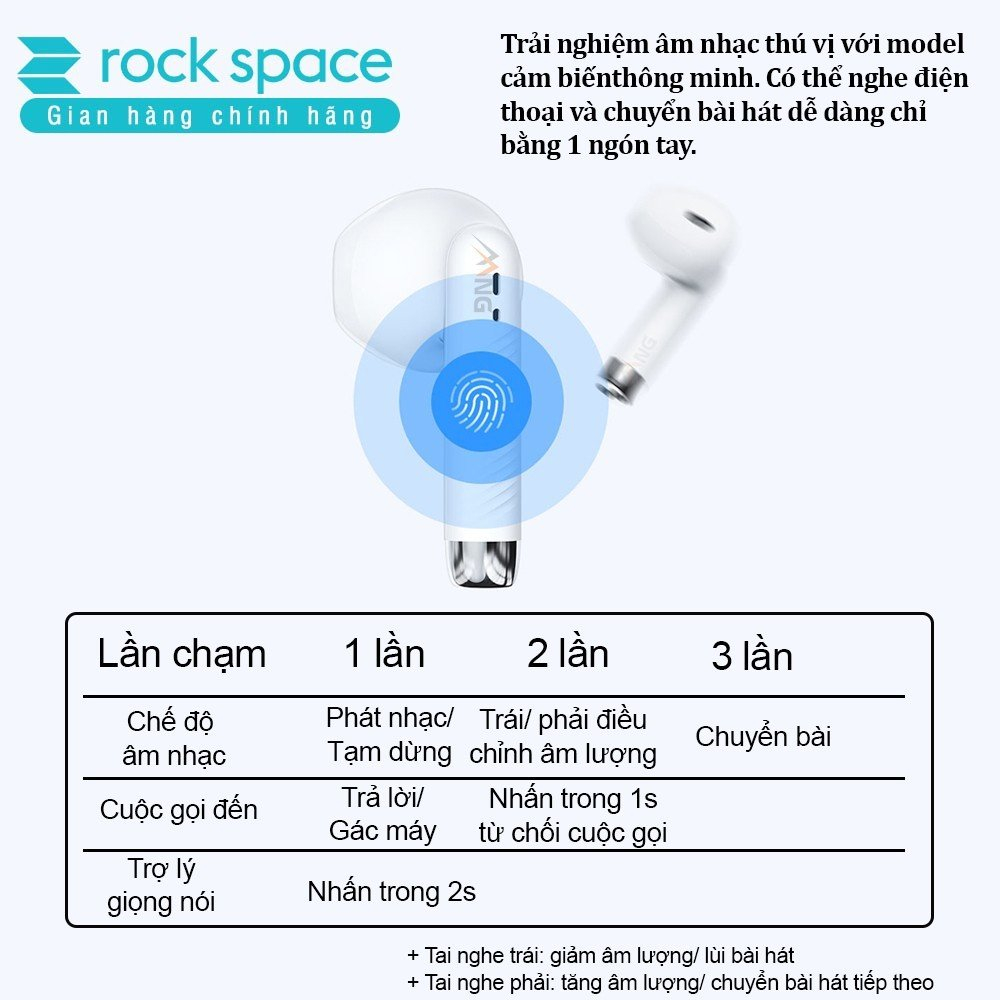 Tai nghe bluetooth không dây nhét tai TWS Rockspace EB300 có mic nghe nhạc liên tục 15h hàng chính hãng bảo hành 12 thán