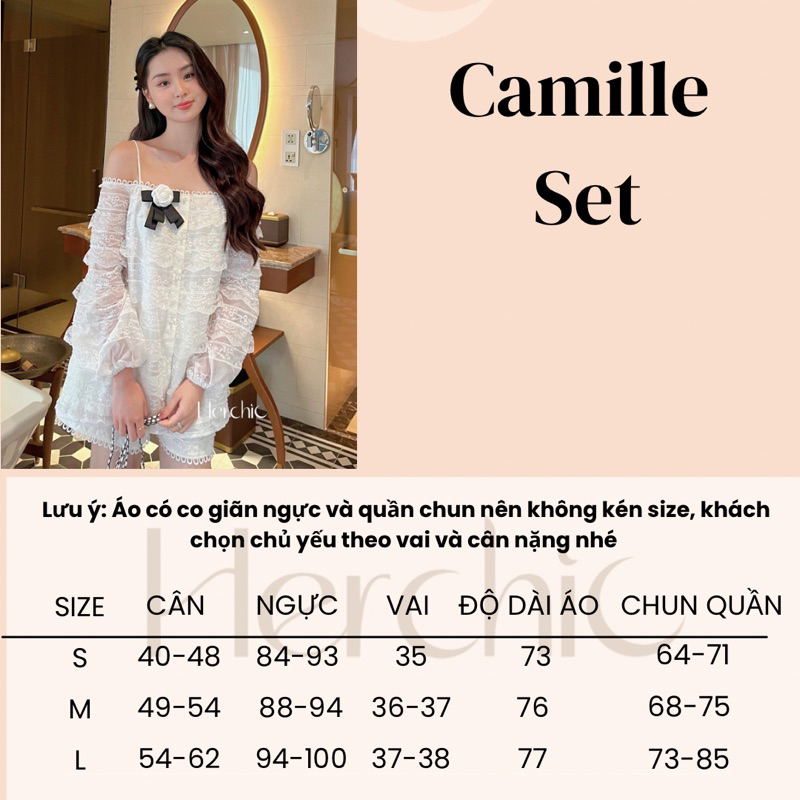 Set Camille hoa trà Herchic áo sơ mi ren trắng trễ vai và quần ren