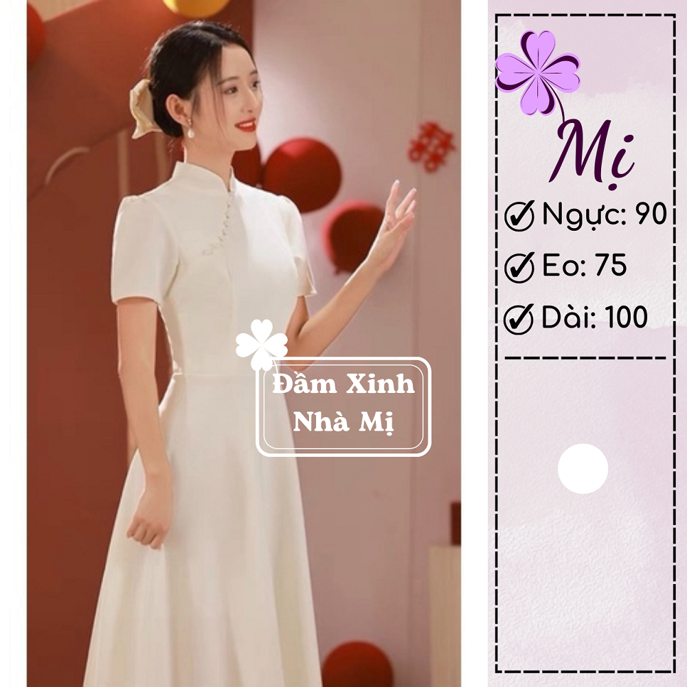 Đầm Nữ Cổ Áo Dài Nút Ngọc Ngọc Đính Xéo Tay Ngắn Quý Phái, Đầm Nữ Đi Tiệc Midi Dáng Xòe Basic Trang Trọng Màu Trắng