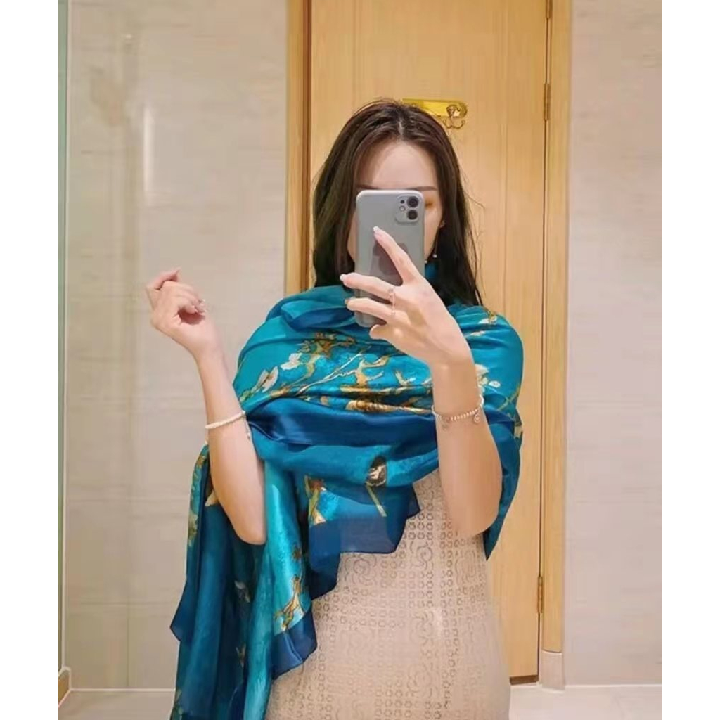 Khăn lụa dài choàng cổ xanh hoạ tiết 90x180cm ThyThy Store- chất đẹp.