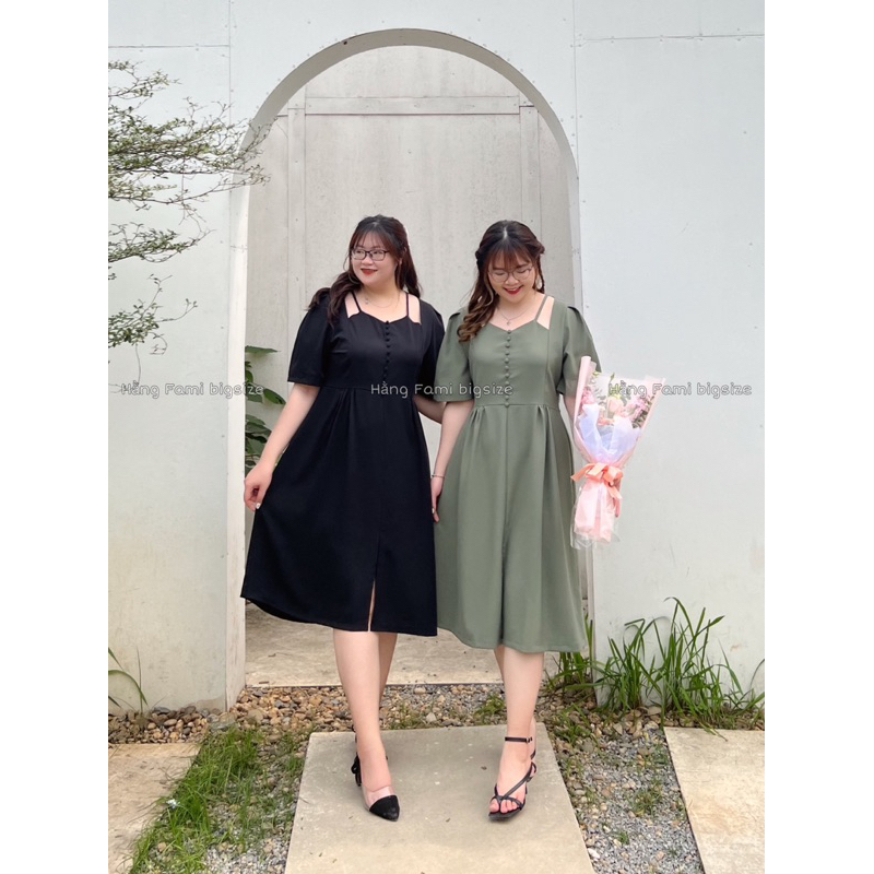 Váy dài xẻ cổ yếm phối khuy bọc bigsize (V156) (size 60kg - 95kg) [Hằng Fami bigsize]