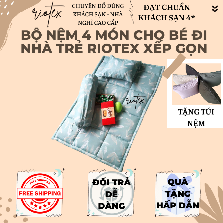 Bộ nệm 4 món cho bé đi nhà trẻ có tặng kèm túi đựng chống thấm - KT: 80x120x3cm