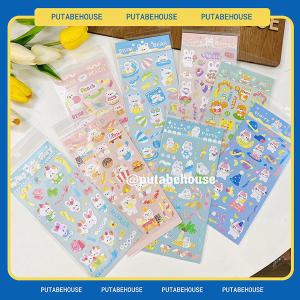Bộ 8 tấm sticker mùa hè của gấu, thỏ trắng và cáo xinh xắn lấp lánh