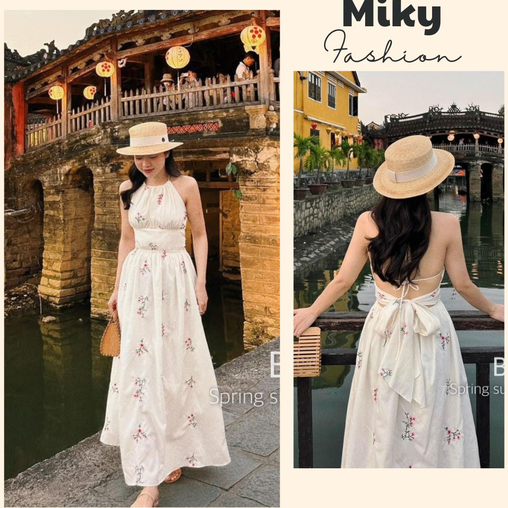 Đầm Maxi Dài Hở Lưng Đi Biển, Váy Yếm Nữ Dáng Dài Thắt Nơ Sau Lưng Chất Thô Thêu Hàng Thiết Kế 2 Lớp Đi Chơi ,Đi Tiệc