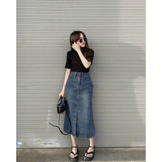 Chân váy jeans xẻ tà trước dáng dài ulzzang, chân váy bò xẻ trước dáng dài đuôi cá_J9861