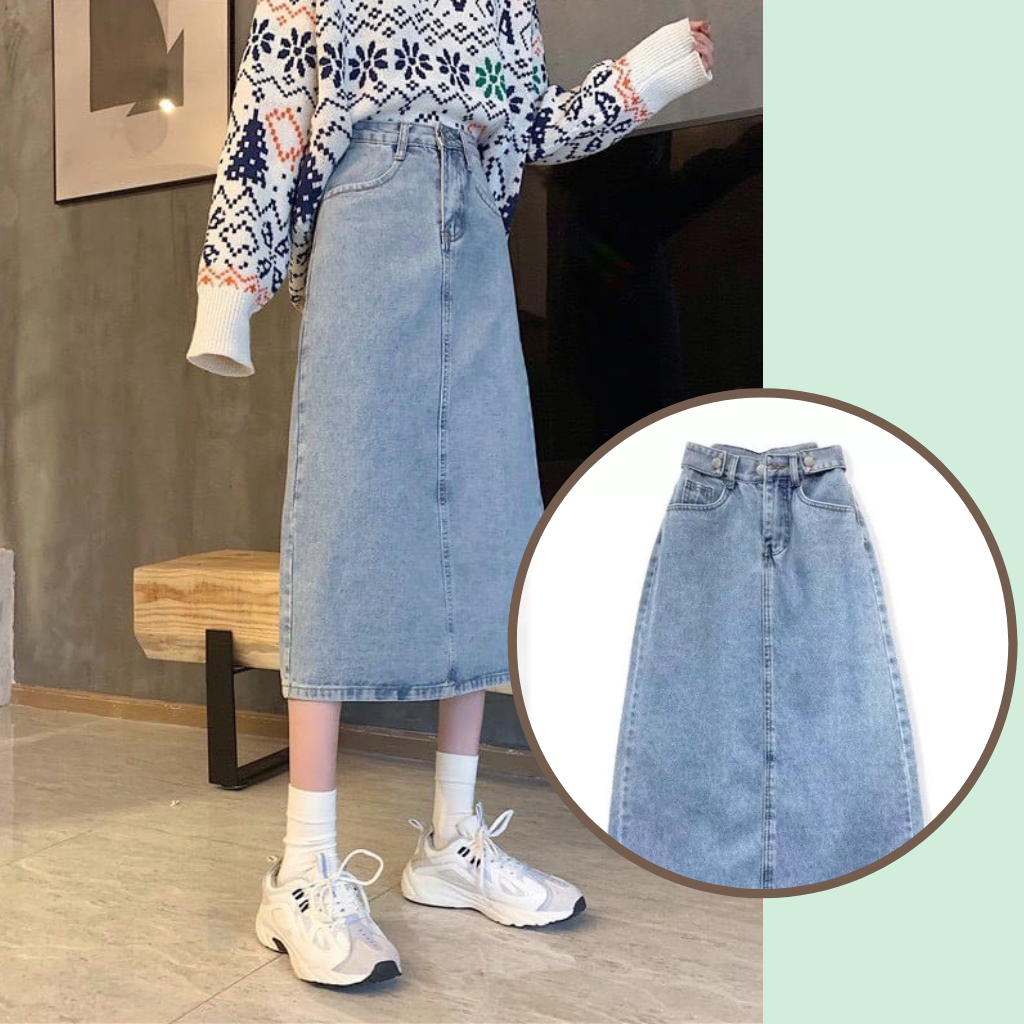 Chân Váy bò dáng dài qua gối, chân váy jean dáng dài Midi xẻ tà sau phối nút eo siêu thời trang