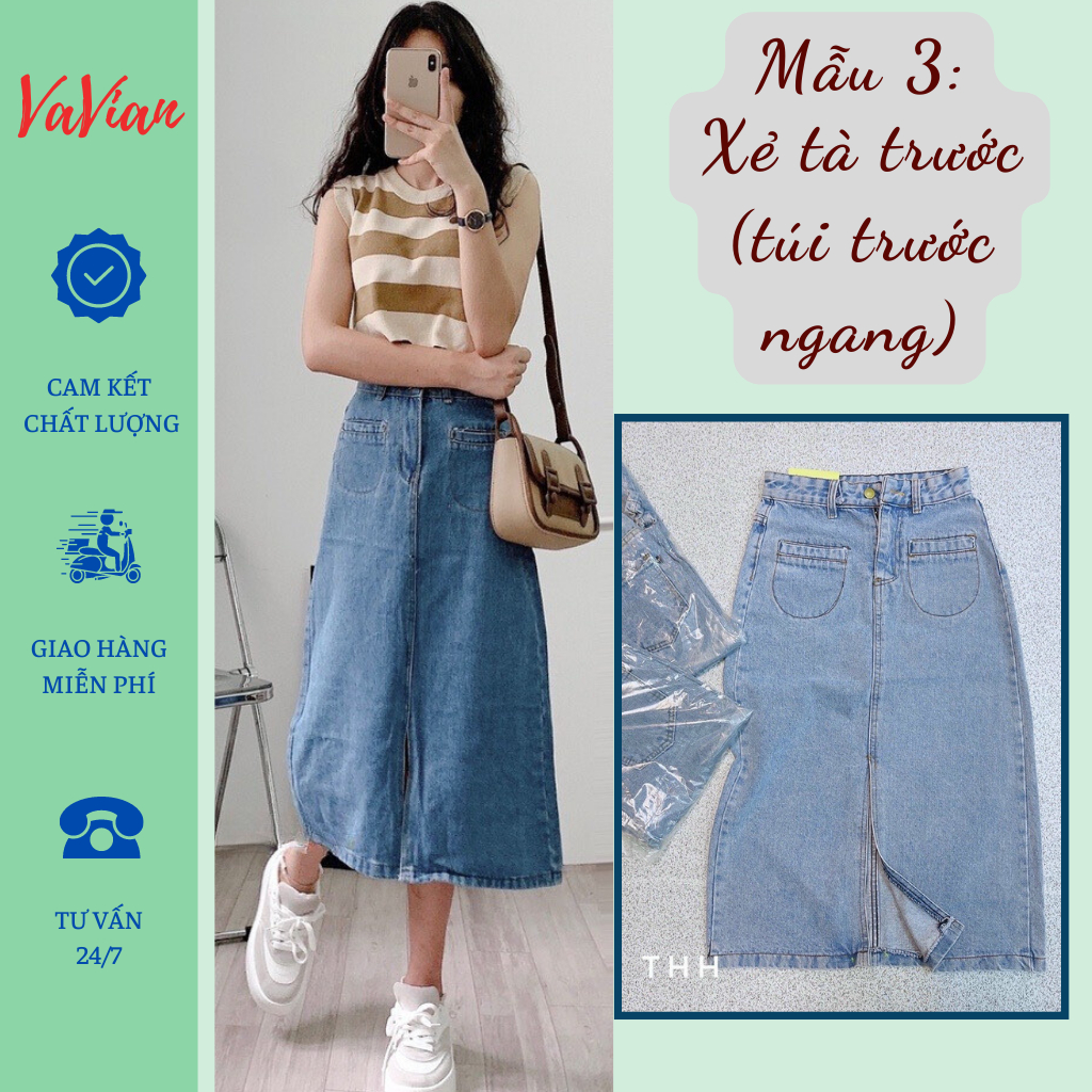 Chân váy jean công sở, chân váy bò jean dáng dài Midi qua gối. lưng cao màu xanh nhạt siêu xinh