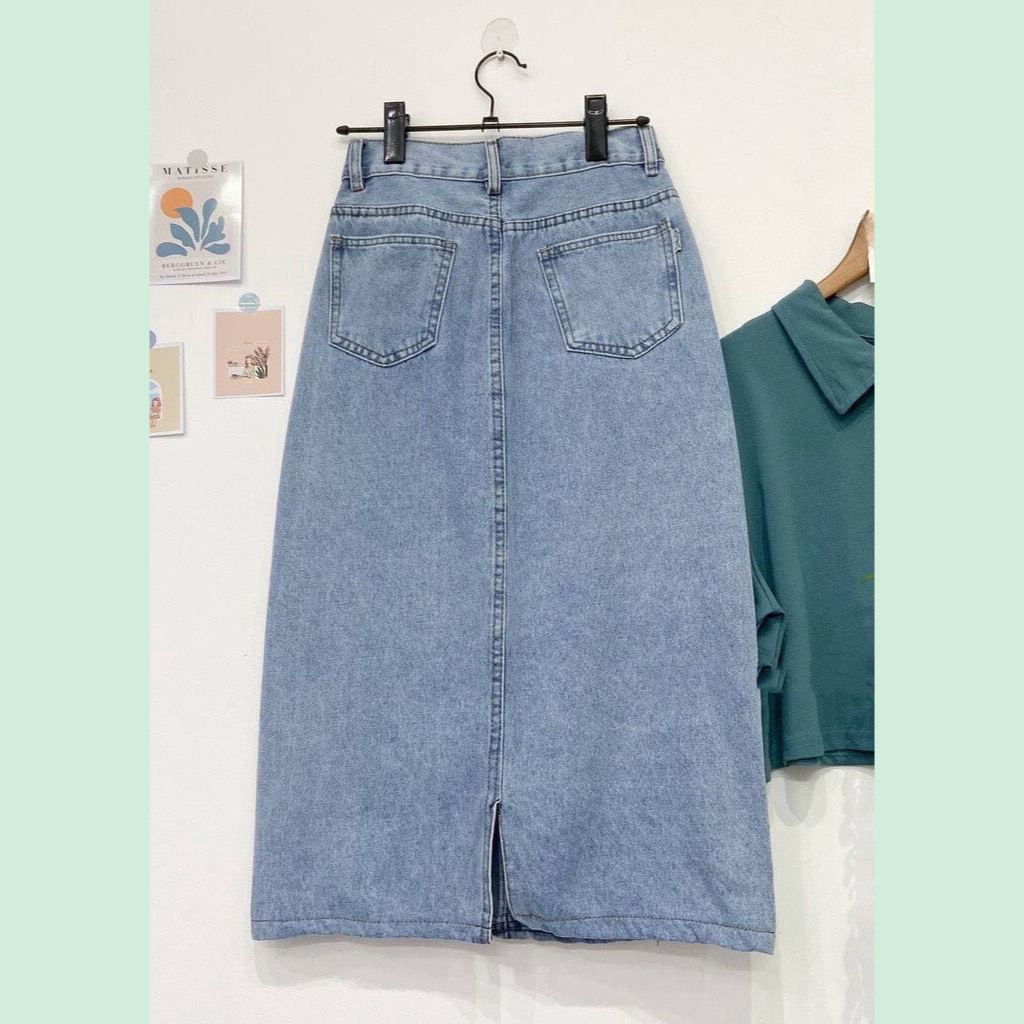 Chân Váy bò dáng dài qua gối, chân váy jean dáng dài Midi xẻ tà sau phối nút eo siêu thời trang