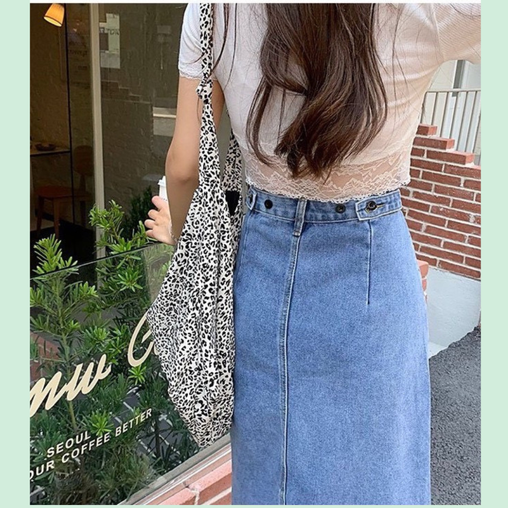 Chân Váy bò dáng dài qua gối, chân váy jean dáng dài Midi xẻ tà sau phối nút eo siêu thời trang