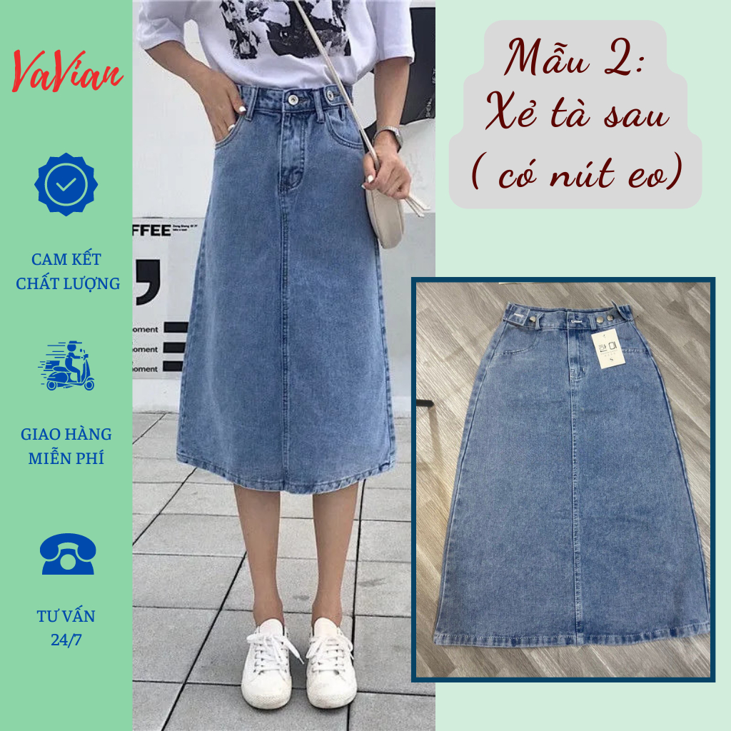 Chân váy jean công sở, chân váy bò jean dáng dài Midi qua gối. lưng cao màu xanh nhạt siêu xinh