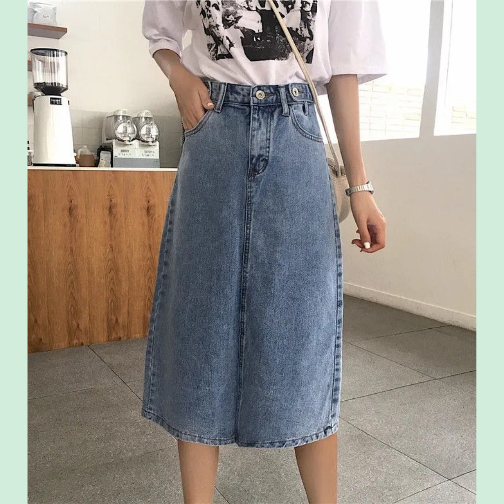 Chân Váy bò dáng dài qua gối, chân váy jean dáng dài Midi xẻ tà sau phối nút eo siêu thời trang