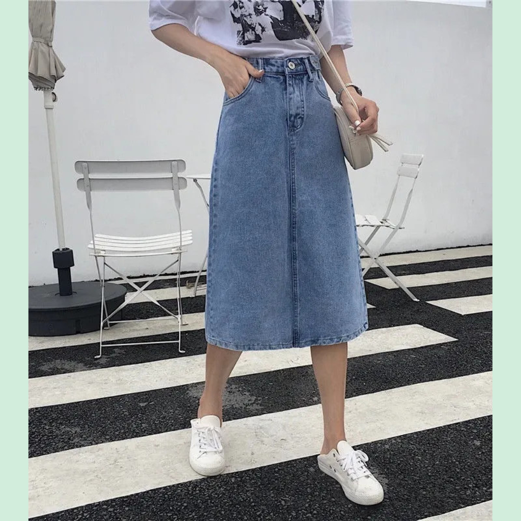 Chân Váy bò dáng dài qua gối, chân váy jean dáng dài Midi xẻ tà sau phối nút eo siêu thời trang