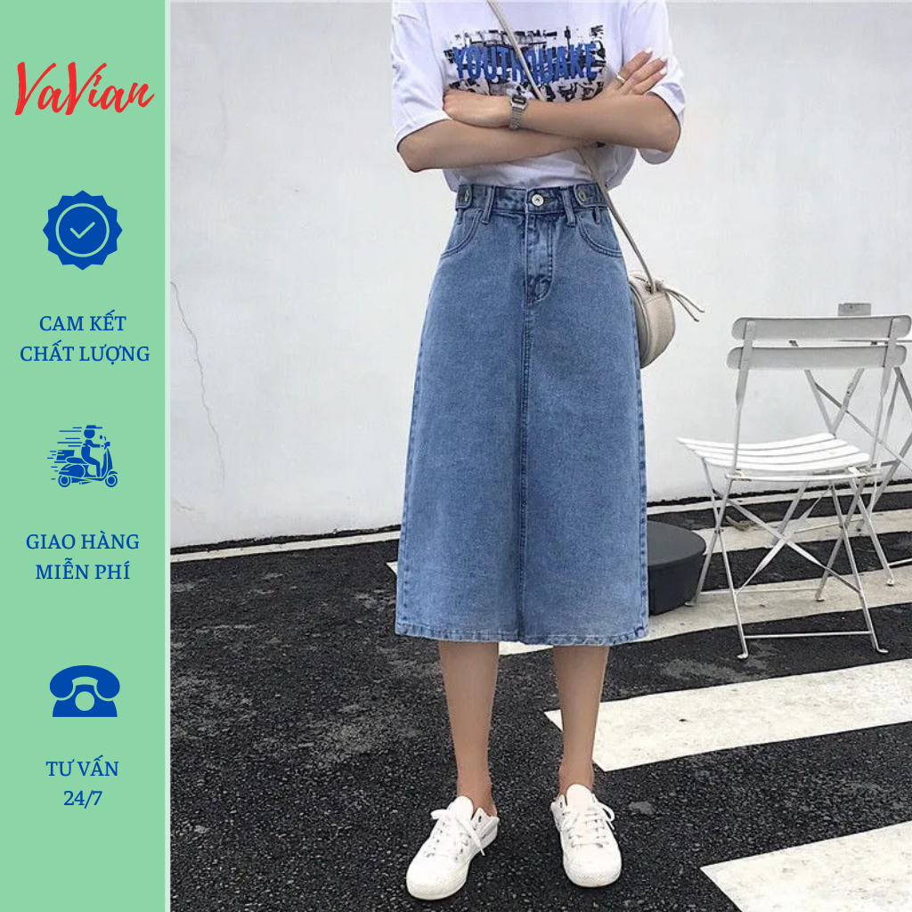 Chân Váy bò dáng dài qua gối, chân váy jean dáng dài Midi xẻ tà sau phối nút eo siêu thời trang