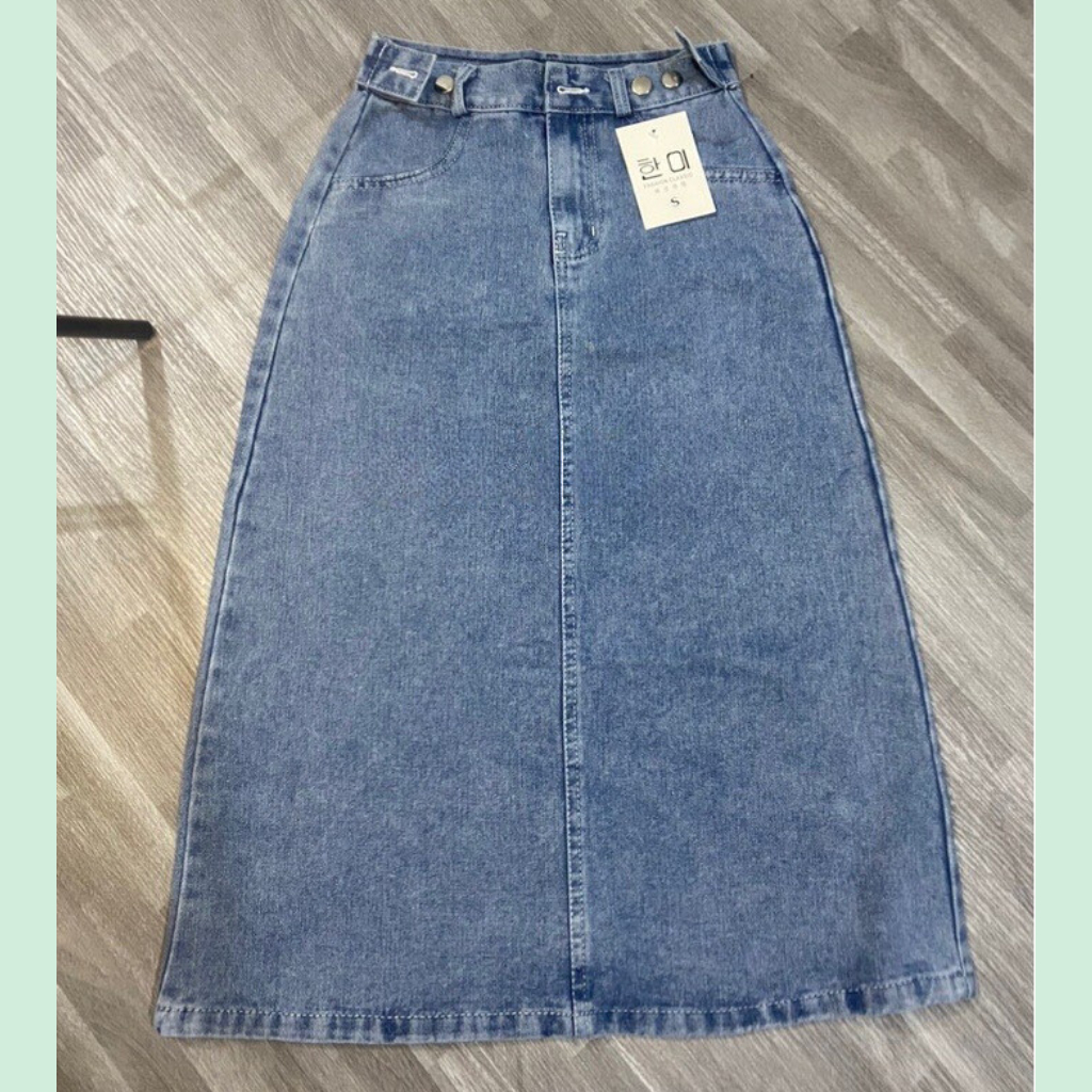 Chân Váy bò dáng dài qua gối, chân váy jean dáng dài Midi xẻ tà sau phối nút eo siêu thời trang