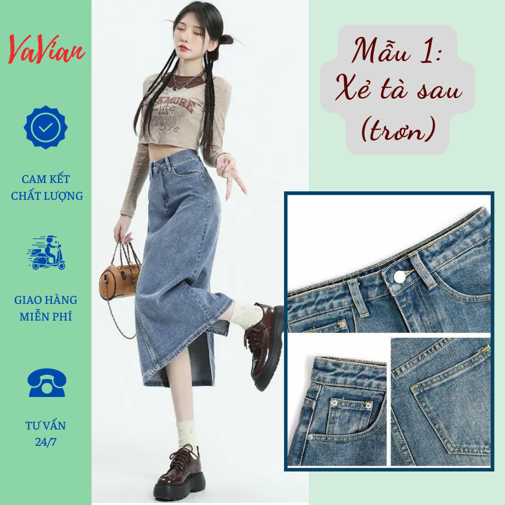 Chân váy jean công sở, chân váy bò jean dáng dài Midi qua gối. lưng cao màu xanh nhạt siêu xinh