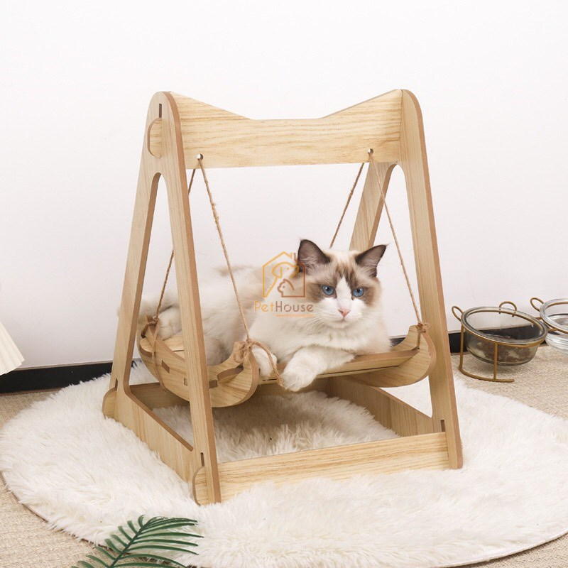 Xích đu cho mèo, giỏ treo nghỉ ngơi cho mèo, giường võng xích đu cho mèo chất liệu gỗ plywood