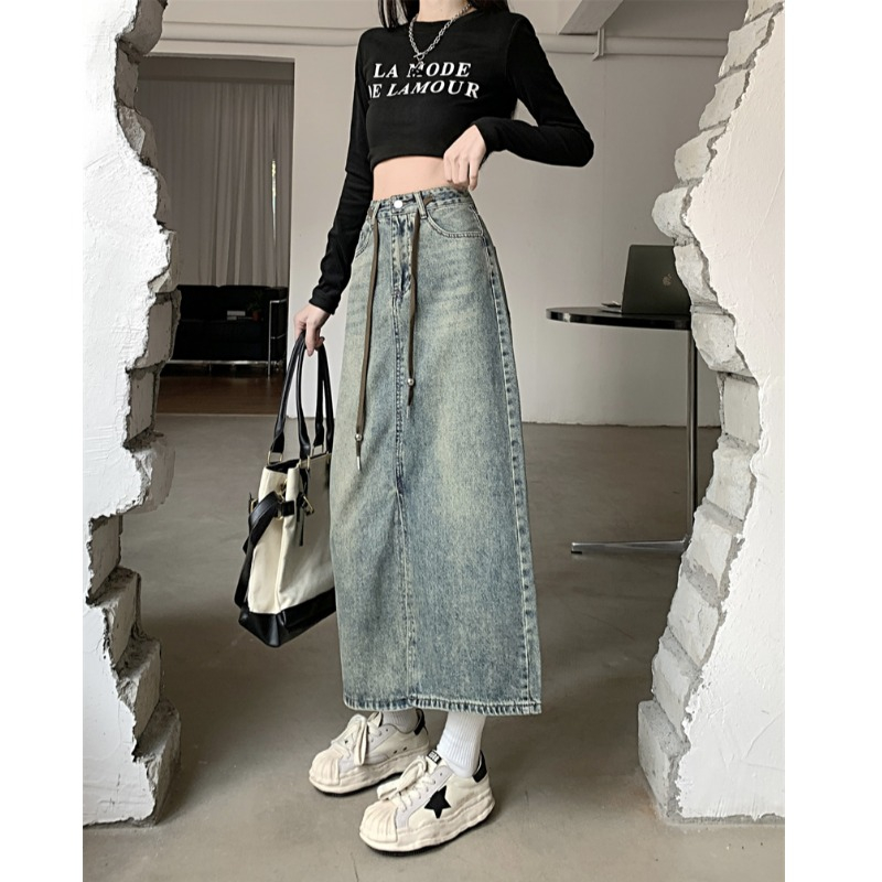 Chân váy jean nữ cạp cao from dài bản dây eo,chân váy bò denim nữ dáng rộng phong cách retro học sinh sinh viên 2023