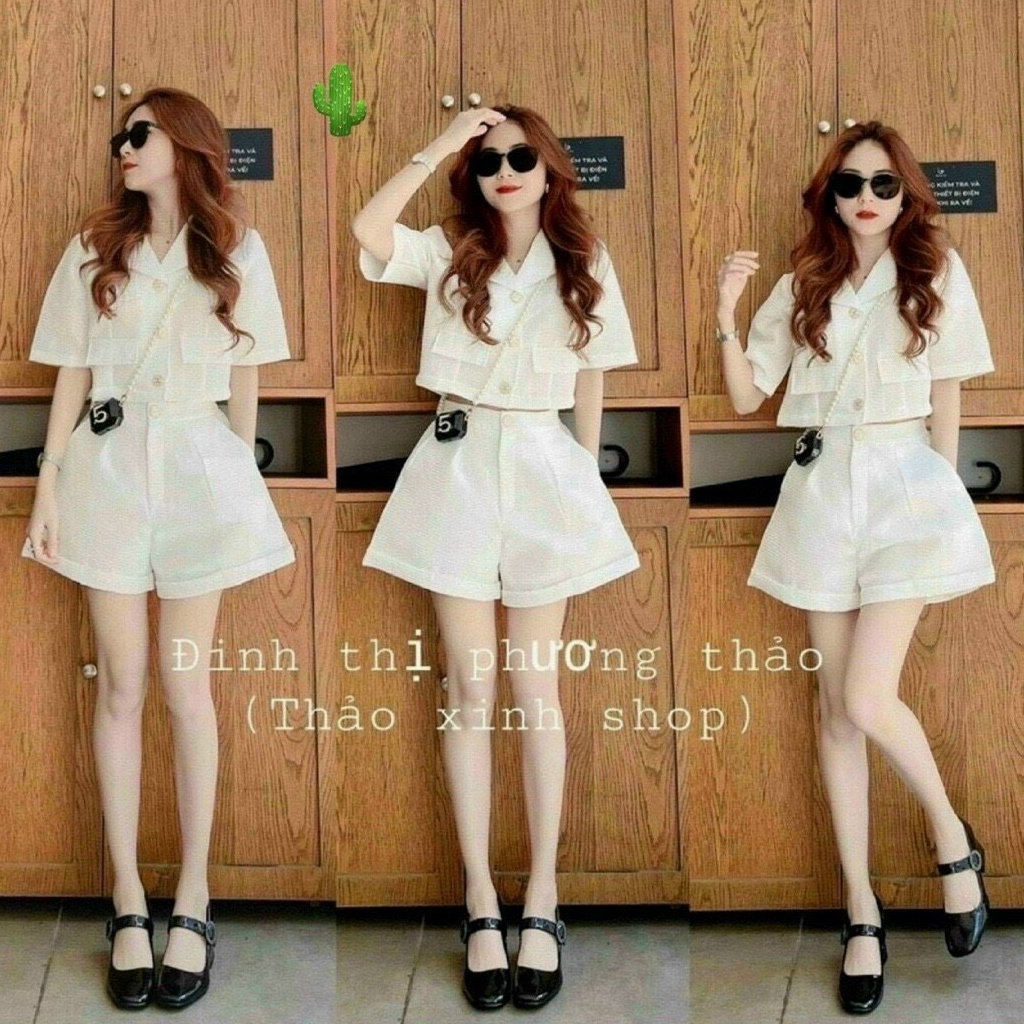 Sét Bộ Xốp Đẹp Áo Vest Tay Ngắn Cổ Bẻ Gài Nút Kết Hợp Quần Short Đai Giữa Nút Gài TTPK0630