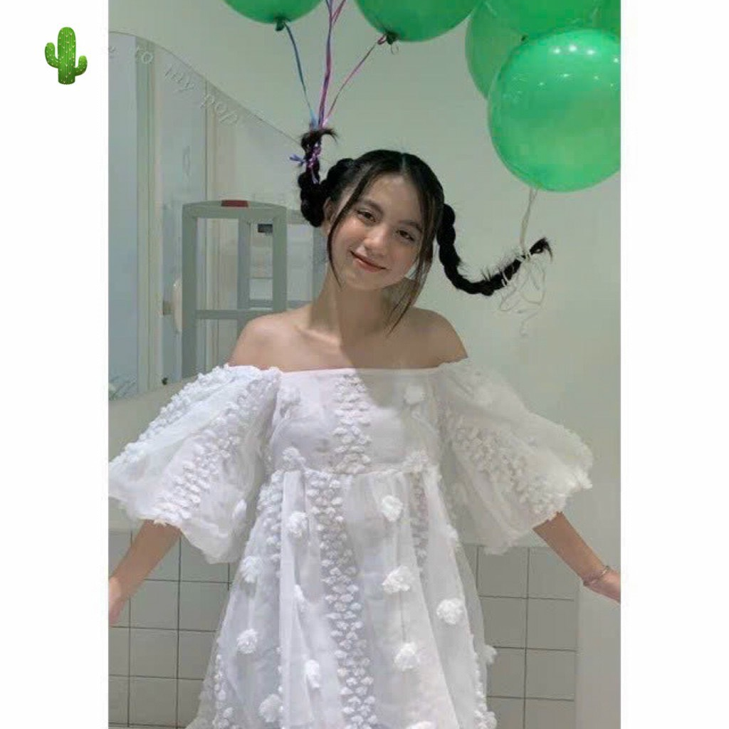 Đầm Von Hoa Hàn Quốc Bẹt Vai Ngắn Tay Bồng Bềnh Sang Trọng TTPK0632