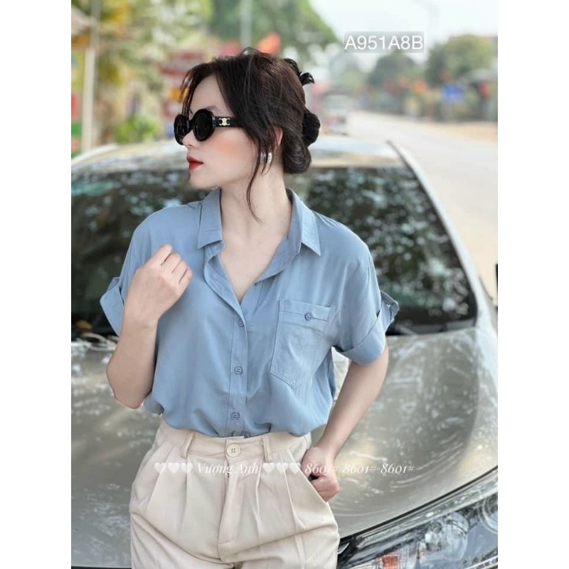 Áo Sơ Mi Kiểu Basic ,Áo Somi Tay Ngắn Lật Cổ Đức Phối Túi Dáng Rộng Nhiều Màu Cho Nữ