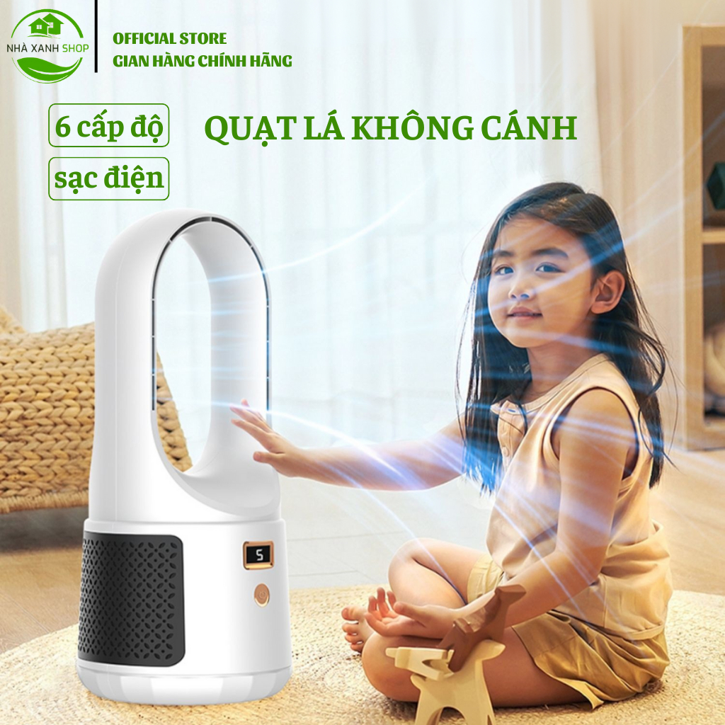 Quạt điện không lá, quạt tích điện không cánh để bàn sạc USB 6 chế độ màn hình LED đa chức năng, bảo hành 12 tháng