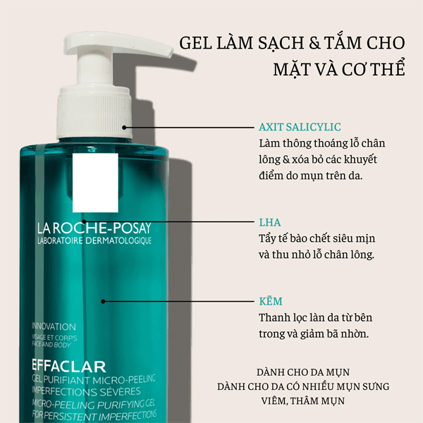 Gel Rửa Mặt La Roche-Posay Effaclar Gel Purifying Micro-Peeling Giảm Mụn Cho Mặt, Toàn Thân 50ml