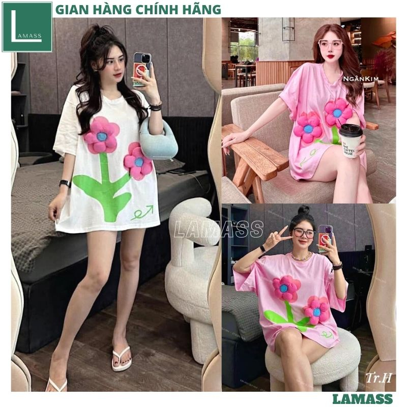 Áo thun nữ tay lỡ đính 2 hoa nhỏ dáng rộng thoải mái, Áo phông chất cotton dày dặn họa tiết hoa phồng điệu đà - LAMA